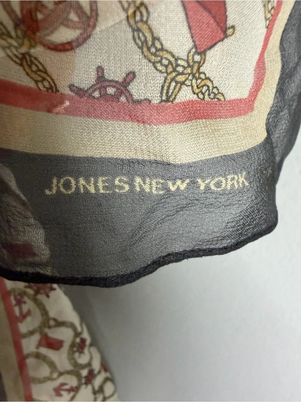 Jones New York Cream and Gray Patterned Silk Scarf